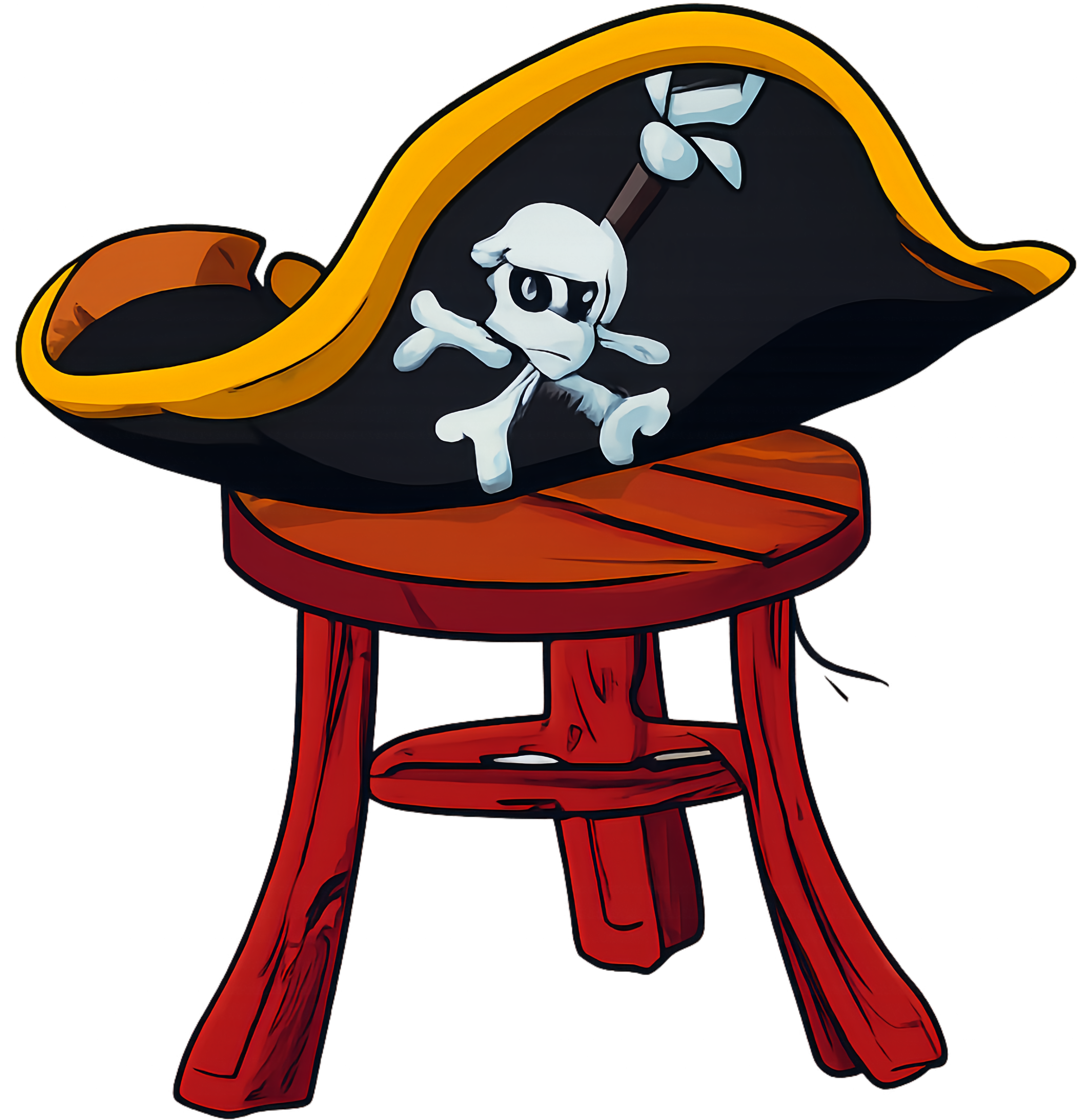 Stool Hat Pirate — a tricorn hat resting on a red wooden stool